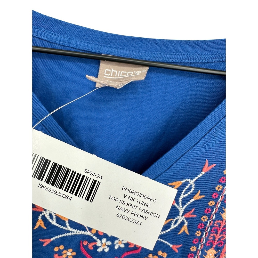 Chico's Top 4 XXL Blue Embroidered V-Neck Short Sleeve Boho Floral Casual NWT - Picture 7 of 11